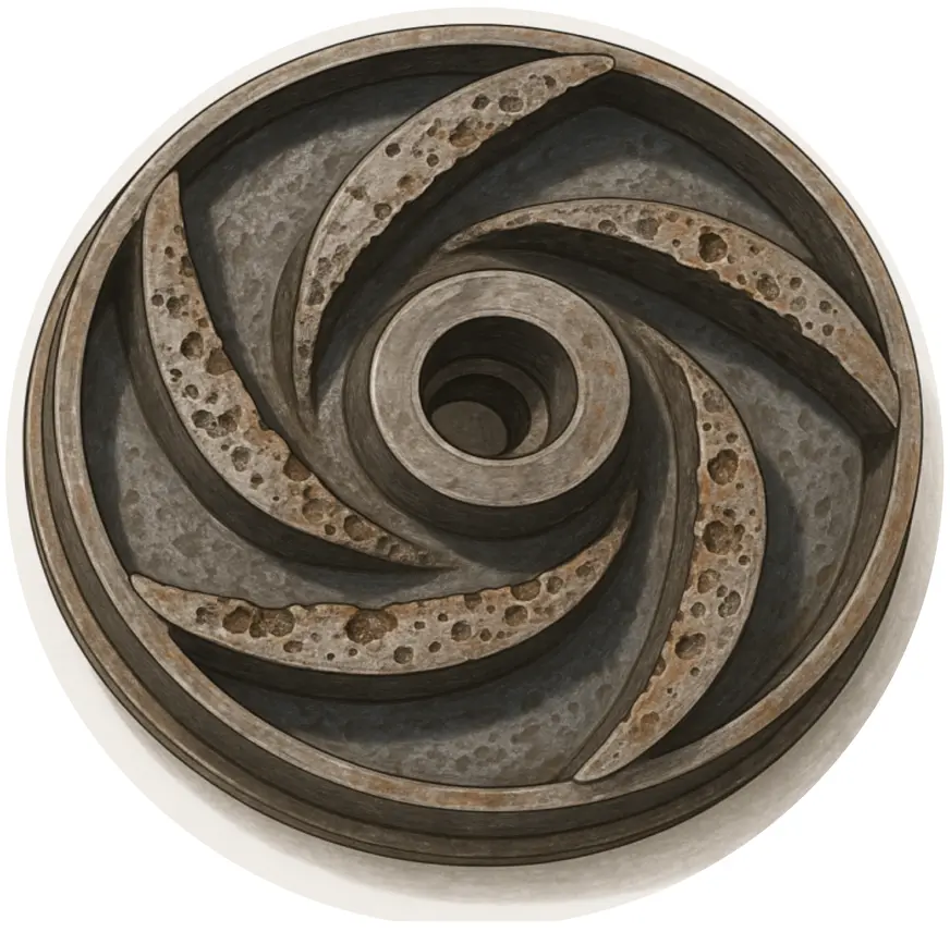 Centrifugal pump impeller with pitting and erosion from cavitation damage