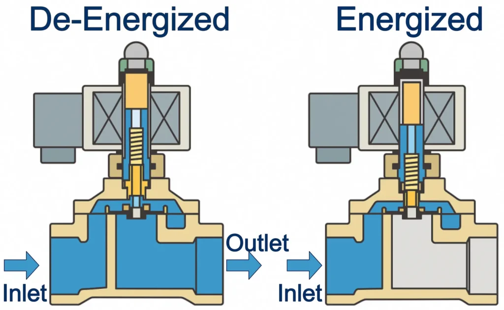 Diagram showing a direct-acting, 2-way, normally open solenoid valve. On the left, the de-energized state and on the right, the energized state